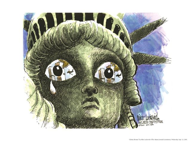 Sept. 12, 2001: The Statue of Liberty weeps. Cartoon by Mike Luckovich the day after the 9/11 attacks.